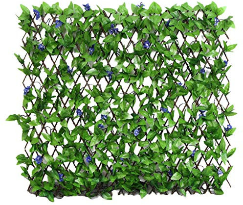 HYGRAD® Garden Screening Trellis Expanding Wooden Fence with Artificial Plant Leaves UK (Green & Blue Flower)
