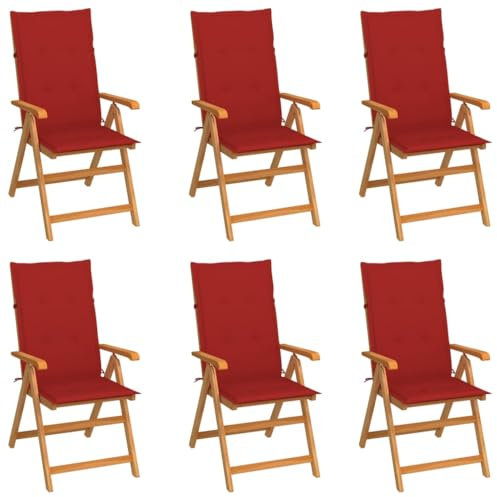 vidaXL Trädgårdsstolar 6 st med röda dynor massiv teak