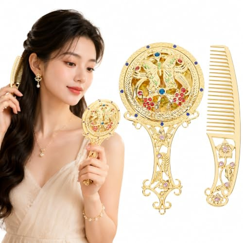 FOMIYES Handspiegel 1 Set Antik Spiegel Kamm Set Vintage Schminkspiegel Tragbarer Kosmetikspiegel Kamm für Frauen und Mädchen Golden Handspiegel Einzigartig