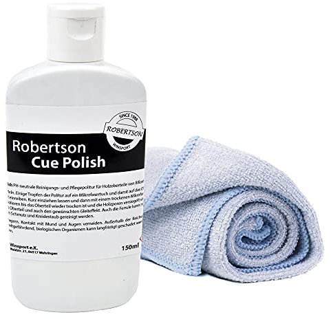Robertson Cue Cleaning Polish 150ml inkl. Mikrofasertuch, Queue Reiniger für den perfekten Glanz, schonend und pflegend, verschließt und versiegelt, Reinigungsmittel
