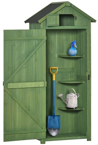 Outsunny Small Shed, Tall Slim Wooden Garden Shed with 3 Removable Shelves and Roof Hatch, Compact Outdoor Tool Storage Cabinet with Asphalt Roof and Door Latch, 77 x 54.2 x 179 cm, Green