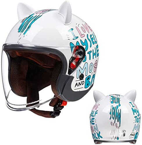 Halboffenen Öffnen Damen Katzenohren Motorradhelm ECE-Zertifizierung Vintage Helme Mit Sonnenblende Einstellbare Halbschale Jet-Helm Bike Cruiser Scooter 5,55-60