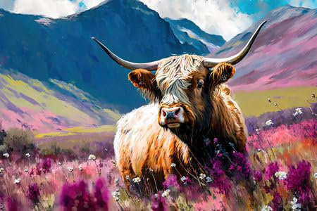 Acryl-Bild 90 x 60 cm: Stier zwischen Bergen und Feldern (199137146)