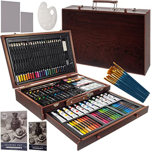 Malkasten pour enfants 130 pièces, kit XXL d'artiste avec mallette en bois - Ensemble de peinture pour enfants avec crayons de couleur, peintures à l'eau et toiles – Kit créatif pour l'école, la