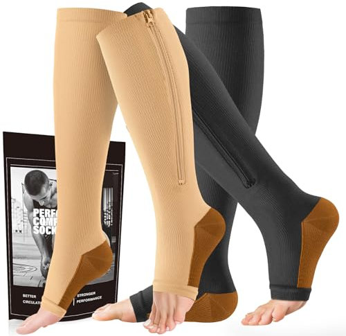 2 Paar Kompressionsstrümpfe mit Reißverschluss für Damen und Herren, 15-20 mmHg, Beige, Schwarz, Kupfer, 4XL