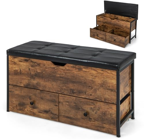 COSTWAY Storage Ottoman Bench, Flip Top Storage Chest Footstool with Padded Seat Cushion, 2 Drawers and 8 Wheels, Industrial Tufted End of Bed Bench Toy Box Footrest for Living Room Bedroom Hallway