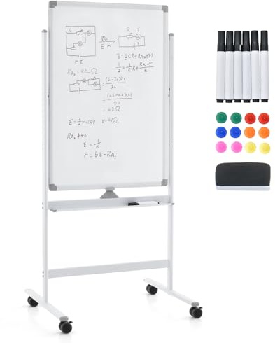 GOPLUS Pizarra Blanca Rodante Magnética con Altura Ajustable 151-178CM, Pizarra Blanca Portátil Giratoria de 360° con 4 Rueda, Bandeja de Marcadores, Tabla de Doble Cara Borrable para Escuela, 60×90CM