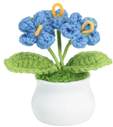 PATIKIL Häkelblumen künstliche gewebte kleine Topfpflanze mit Stielen Blau | handgefertigte Strickblumen mit 3 Köpfen Vergissmeinnicht, für Valentinstagsgeschenke Büro und Party