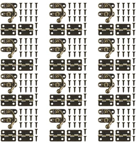 36 Stücke Antike Latch Hook Hasp, 12 Stücke Antik Riegel Haken Verriegelung Verschlusshaken Vorhängeschloss + 24 Kleine Box Scharniere mit Schrauben, für Schmuckkästchen, Holzkiste Dekoration
