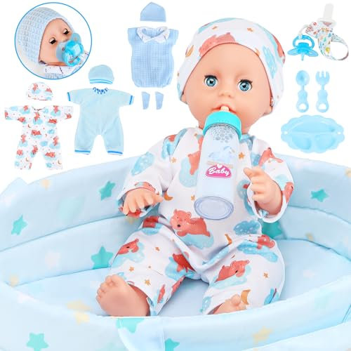 Baby Doll 12 Inches Boy Doll Set with 3 Clothes and Accessories, Carrier Bassinet Bed, Bottle, Pacifier, Blanket, Pretend Play Toddler Toys for Age 3 4 5 6 7 8 Years Old Kids Girls Boys Gift