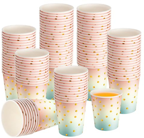 CEILIWEN Packung mit 100 Schwarz-Goldenen Party-Papierbechern, 9 OZ/250ml Gold Polka Dot Papierbecher, Party-Papierbecher für Heiß- und Kaltgetränke (Regenbogenfarben)