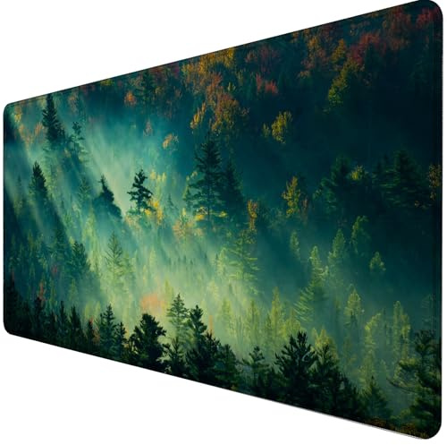 Owege Gamingmusmatta, XXL, 900 x 400 mm, sydda kanter, vattenfast halkskydd, för PC, MacBook och bärbar dator, för bättre precision och hastighet, glänsande morgonskog