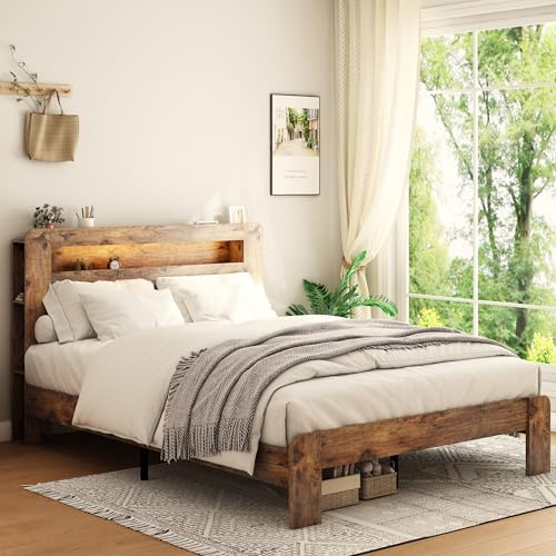 SAMTRA Wooden Bed Frame Queen Size with Storage Headboard, Farmhouse Platform Bedframe with Bookcase Shelf & Led Lights, Sturdy Wood Slat Framework Bed Frame (Rustic Brown)