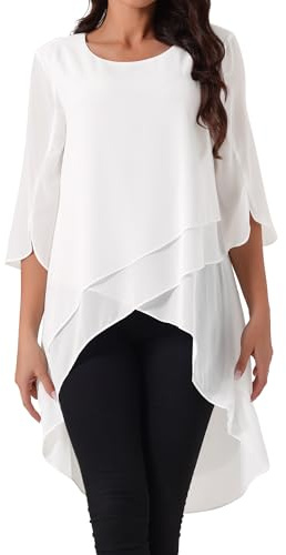 Seta T Women's High Low Tops Scoop Neck Chiffon Blouse Asymmetrical Loose Shirt 3/4 Sleeve Casual Summer Tops X-Large White
