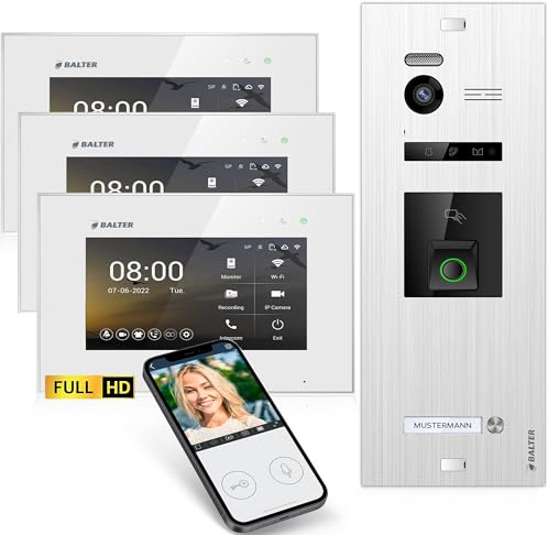Balter EVO-HD Video Türsprechanlage mit Fingerprint, Video Türklingel, Smartphone App,1 Familienhaus, 3X 7 Zoll Monitore, Türklingel mit Kamera Full HD, 2 Draht Bus, 175° Weitwinkel, RFID,1080P