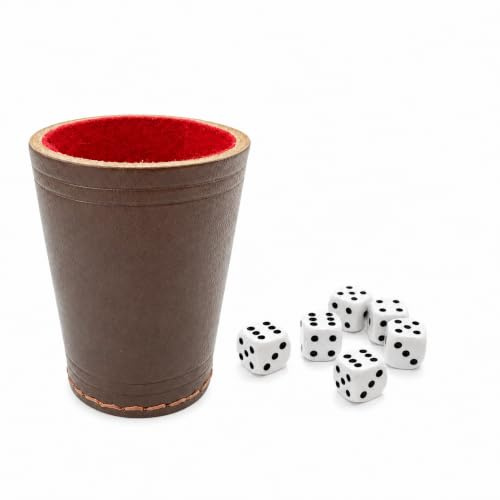 DELALO Würfelbecher Leder mit Filz & 6X Würfeln - Echtleder - Leise & Hochwertig, 9 cm x 7 cm (Rot)