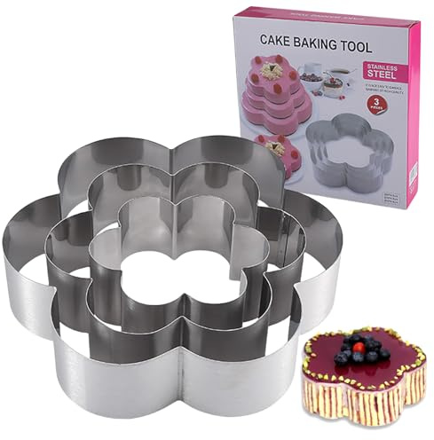 Pasdrucn 3 Stück Tortenring Edelstahl Set, Backform Rechteckig, Herz/rund/blumenförmig/eckig, Kuchenform Herz, Herz Backformen, Herz Form Backrahmen Für Tortendeko Kekse Back Zubehör (Flower)