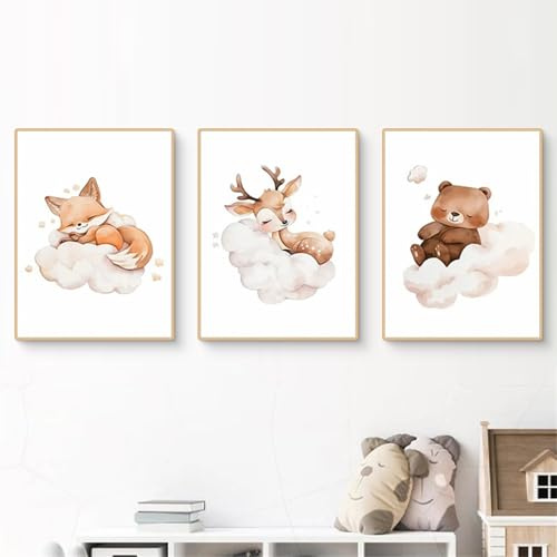 Ueiwffzo Bilder Kinderzimmer, Niedliche Tiere Poster Set ohne Rahmen, Premium Leinwandbilder Wanddeko für Babyzimmer und Kinderzimmer, Deko Wand 3er Set (B,21 x 30 cm)