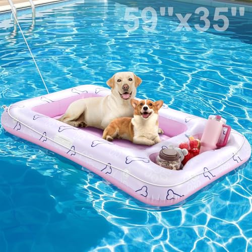 Pawaboo Hundepool-Schwimmring, Aufblasbare Pool-Schwimmringe für Mittelgroße und Große Hunde bis zu 220 lbs, Hundeschwimmflöße mit Doppelten Griffen und Snackbereich, Schwimmende Hundeliege