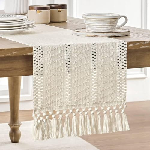 Beige Makramee Tischläufer 30 x 180 cm Leinen Tischläufer mit Fransen, Mode Tischläufer Landhausstil Tischdecke Vintage Waschbar Tisch für Küche Essen Urlaub Party Kaffee Tisch Dekoration Tablerunner
