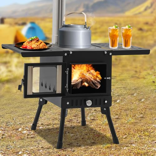 Tragbarer Holzofen Zeltofen, Klappbare Holzofen für Camping, Outdoor, Zelt mit Schornsteinrohre Campingofen Werkstattofen Outdoor Ofen Kocher Schwarz