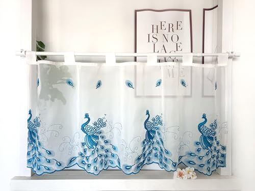 Daliena Scheibengardine Voile Kurzgardine mit Schlaufen Bistrogardine Modern Transparent Küchengardine mit Stickerei, Gardinen für Kleine Fenster (BxH 120x45cm) Blau 1 stück