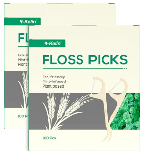 Y-Kelin Dental Floss Picks | Wheat Straw Floss Sticks | 200 Count Gentle on Gums | Sustainable Oral Care for Adults & Kids