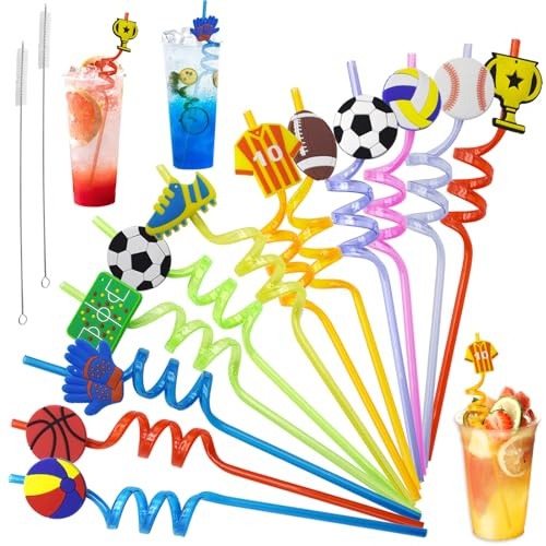 LXBCTOP Lot de 12 pailles de football pour enfants, réutilisables, en plastique, avec 2 brosses de nettoyage, idéales comme décoration pour le lait, le jus, les cocktails