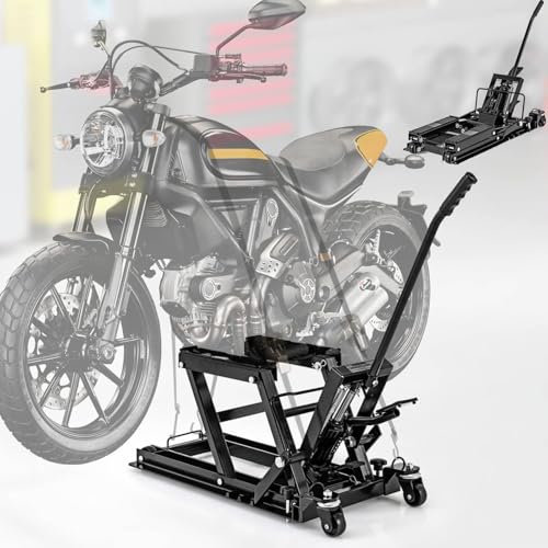 IYARNOVA 680 kg Motorradhebebühnen, hydraulischer Motorradheber mit 4 Rädern und 3-stufig höhenverstellbarer Plattform, robuster fußbetriebener Hebeständer für Motorräder, ATVs und UTVs (schwarz)