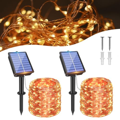 Meision Solar Lichterkette Aussen, 20M 200LEDs Kupferdraht Lichterkette Außen mit 8 Modi + IP65 Wetterfest, Solarlichterkette Weihnachtsbaum für Garten, Balkon, 2 Stück Warmweiß