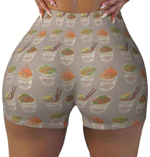 Pantalones cortos de entrenamiento para mujer, diseño de huevera, fideos, ramen, elásticos, para gimnasio, ejercicio, cintura alta, para yoga, NEGRO, S