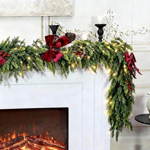HipTree 6ft Christmas Garland with Lights,Lighted Cedar Garland for Mantle,Prelit Real Touch Artificial Green Christmas Winter Garland with Large Burgundy Velvet Bow for Indoor Outdoor Decor