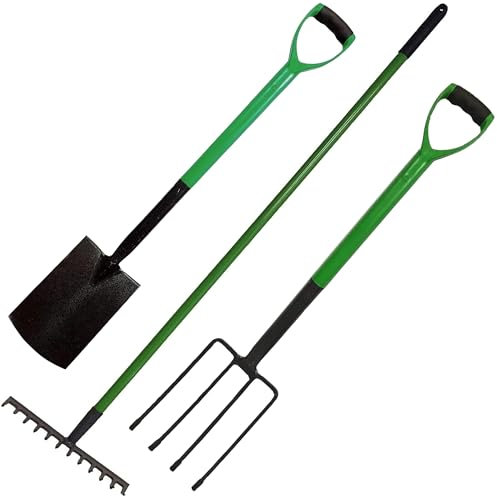 Easy Shopping® 3 Pcs Garden Spade, Fork & Rake Set Carbon Steel Heat Treated Gardening Tool Set Builder Equipment Tool Accessories.
