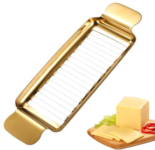 Lyreh Butter & Cheese Slicer Cutter, Stainless Steel Ergonomic Cutter with Portable Grip Portion Control Slicing Tool for Butter Block Cheese Fruits Vegetables(Gold)