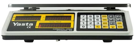 YASTA Bilancia Elettronica Digitale Professionale per Alimenti da Banco da 5Gr a 40 KG Pesa Pacchi Cassette Frutta e Verdura Memoria Prezzi Tasto Tara Batteria Ricaricabile Portatile Display a LED