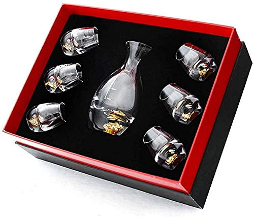 Service à saké japonais – 7 pièces en verre cristal sans plomb et 6 tasses pour servir le saké à la maison, parfait pour le vin japonais chaud ou froid