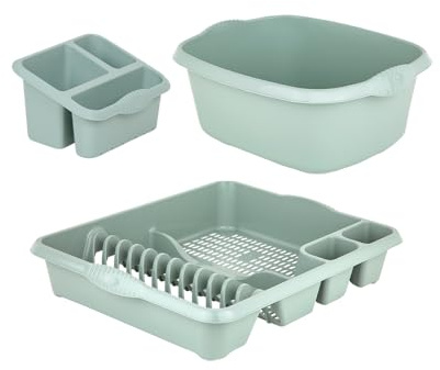 TENLITE All-in-One Plastic Kitchen Sink Set - 39cm Rectangular Washing Up Bowl, Large Dish Drainer & Sink Tidy for Modern Kitchens, Utility Rooms & Caravans - (Silver Sage)