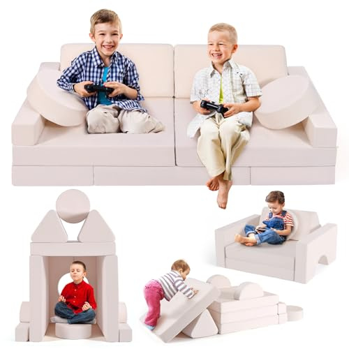 MINENICE Komfort-Upgrade Modulare Kinderspielcouch, DIY-Schaumstoff-Kindersofa,Block-Kindersofa, viele Spielmöglichkeiten, zum Liegen, Klettern und Sitzen geeignet(14p – Beige)