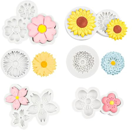 Juego de 6 moldes de silicona de flores de cerezo y melocotón, girasoles, fondant, chocolate, caramelos, moldes de silicona de grado alimenticio para gelatina, chocolate, caramelos, cupcakes, pasteles