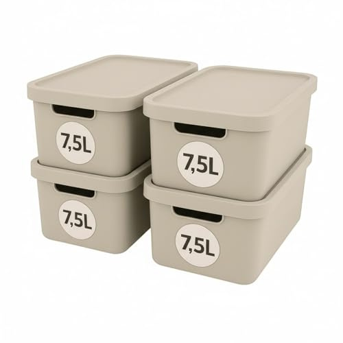 Plastard Aufbewahrungsbox mit Deckel 4er-Set 7,5 Liter in Beige | BPA-Freie Ordnungsbox für Küche, Bad, Büro, Kinderzimmer, Robuste Stapelbare Kunststoffbox, 32 x 22 x 15 cm, Ordnungskiste