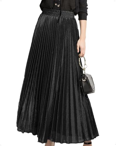 EMOTTOS Automne Hiver Jupe Longue Femme Plissée Métallisée, Jupe Maxi à Taille Élastique Haute, Style A-Line Élégant Brillant pour Bureau, Mariage et Soirée, Noir, Taille Unique
