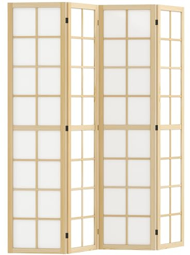 HOMCOM Biombo de 4 Paneles Plegable, Separador de Ambientes con Marco de Madera, 160x170 cm, Pantalla de Privacidad para Dormitorio, Oficina, Salón, Natural