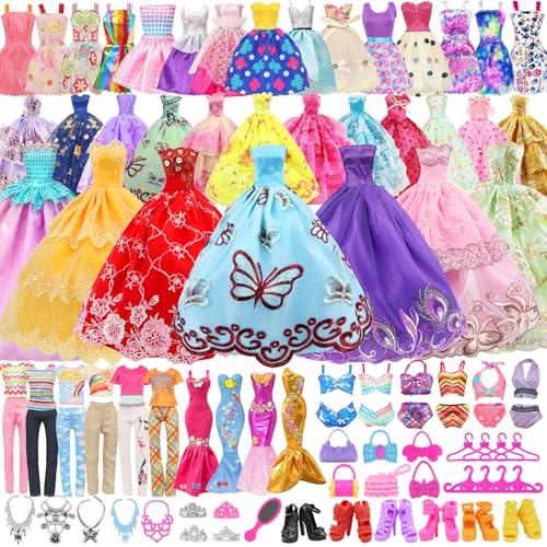 Puppenkleidung Set für 29cm Puppe, 75 Teile Kleider Schuhe Schmuck Zubehör | 75-teiliges Set für 11,4 Zoll Puppen: Hochzeitskleider, Abendkleider, Badeanzüge, Schuhe, Oberteile & Röcke, zum Rollenspiel