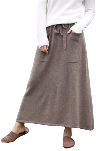 Mivtait Womens Wool Maxi Skirts Winter A Line Pleated Skirts with Pockets Elastic Waist Drawstring Casual Long Warm Skirt (US, Alpha, One Size, Regular, Regular, Light Khaki)