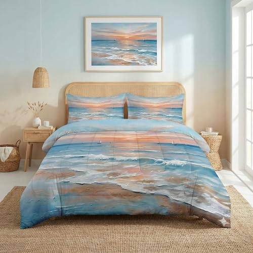 Nesker Queen Comforter Set, 3 Pieces Ocean Beach Bedding, All Season