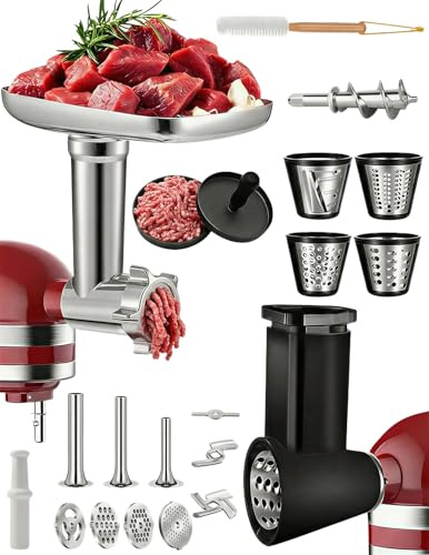 TechVizrs Meat Grinder Attachment for KitchenAid Stand Mixer, Stainless Steel Meat Grinder Attachment Includes Sausage Filler, Cleaning Brush, Slicer Shredder Set for KitchenAid (2)