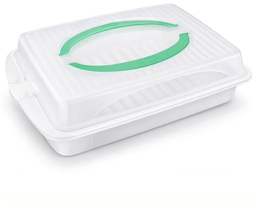 HRB Kakbehållare med lock och bärhandtag – plåtkakbehållare plast 45 x 30 cm, transportlåda för kakor och muffins, klickstängning, BPA-fri, tårttransportlåda