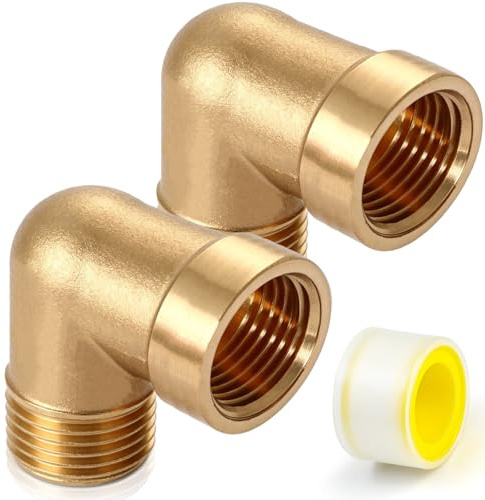 CONJURAIDE 2 Stück Winkel 90 Grad, Messing 3/8 Zoll Fitting Winkel 90° DN10 Rohrleitungsanschluss mit Dichtband Winkelverschraubung G3/8 Rohrwinkel für Rohranschluss(IG Ø15mm x AG Ø15mm)