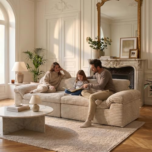 Vesgantti 260 cm 3-Sitzer Boneless Sofa, Cloud Cord, Cremeweiß | 64 cm Sitztiefe, Weiches Vollschaum, Modulares Sofa mit Geschwungenen Armlehnen, Keine Montage erforderlich
