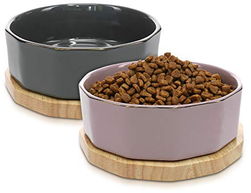 Navaris Fressnapf Futternapf Set aus Keramik - 2X Hundenapf Katzennapf Futterschale mit Unterlage aus Eichenholz - Fressnäpfe für Hunde und Katzen